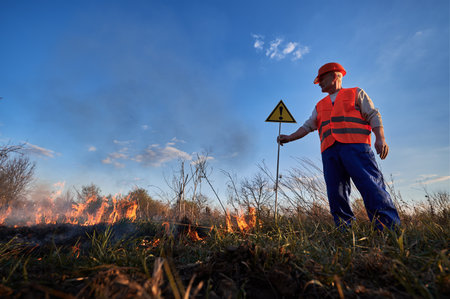 Fireman ecologist extinguishing fire in field in evening. Man in orange vest and helmet near burning...