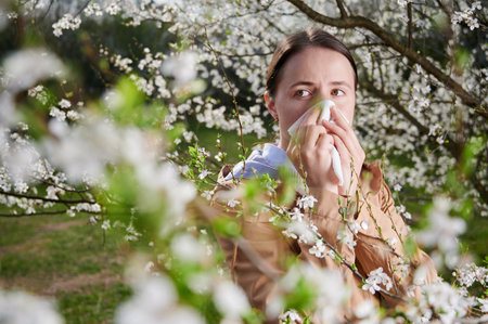 Woman allergic suffering from seasonal allergy at spring, posing in blossoming garden at springtime. Young woman sneezing and blowing nose among blooming trees. Spring allergy conceptの写真素材