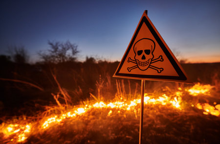 Burning dry grass and poison toxic sign at night. Yellow triangle with skull and crossbones sign warning about poisonous substances and danger in field with fire. Ecology and hazard concept.の写真素材