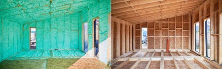 Photo collage before and after thermal insulation room in wooden frame house in Scandinavian style barn house. Comparison of walls sprayed by polyurethane foam. Construction and insulation concept.の写真素材