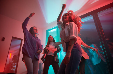 Young women having party inside contemporary barn house at night.の写真素材