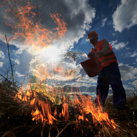 Fireman ecologist fighting fire in field with cloudy sky on background. Male environmentalist holding bucket and pouring water on burning dry grass. Natural disaster and ecology demage concept.の写真素材