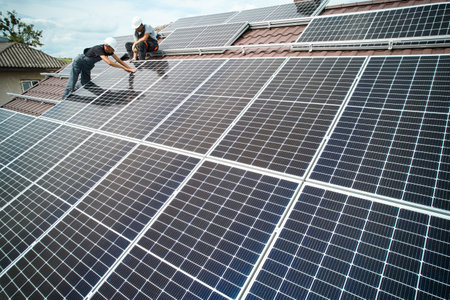 Man technician mounting photovoltaic solar moduls on roof of house. Mounter in helmet installing solar panel system outdoors. Concept of alternative and renewable energy. Aerial view.の写真素材