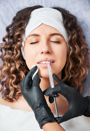 Kyiv, Ukraine - December 26, 2020: Close up of doctor cosmetologist hands in sterile gloves making injection in woman lips.のeditorial素材