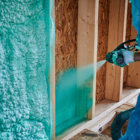 Builder insulating wooden frame house. Close up view of man worker spraying polyurethane foam inside of future cottage, using plural component gun. Construction and insulation concept.の写真素材