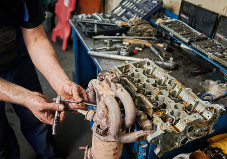 Close up of worker, repairman working in garage, workshop, auto servicing center. Hardworking man wearing uniform, holding instrument, equipment. Concept of manual labor.の写真素材