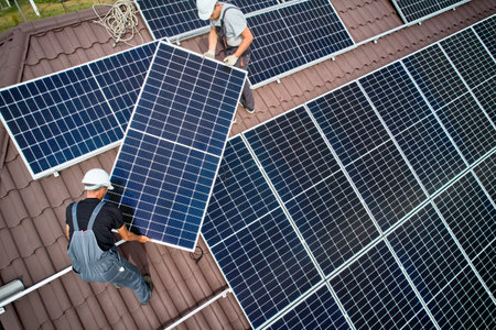 Men technicians installing photovoltaic solar moduls on roof of house. Workmen in helmets building solar panel system outdoors. Concept of alternative and renewable energy. Aerial view.の写真素材