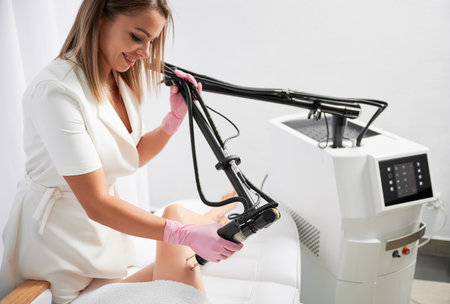 Doctor doing fractional treatment of skin on patients leg by carbon dioxide laser in beauty clinic. Cosmetologist working with modern equipment in hardware cosmetology for laser skin rejuvenation.の写真素材