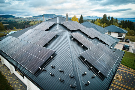 Photovoltaic solar panel system on the roof of house. Modern solar modules installed on house. Concept of alternative, renewable energy and home autonomy.の写真素材