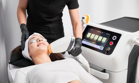 Female patient in safety glasses lying near cosmetology equipment and having face lifting procedure. Doctor cosmetologist using laser scanner device while performing facial treatment in beauty salon.の写真素材