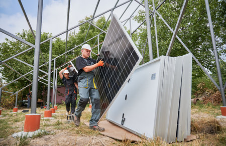 Workers carrying solar panels for installing in field. European men wearing workwear and helmets....