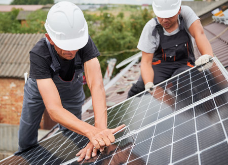 Men installers mounting photovoltaic solar moduls on roof of house. Electricians in helmets installing solar panel system outdoors, tightening with hex key. Concept of alternative, renewable energy.の写真素材