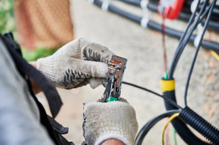 Man electrician installing solar panel system. Close up technician hands in gloves making electrical wiring inverter and electric box. Concept of alternative and renewable energy.の写真素材
