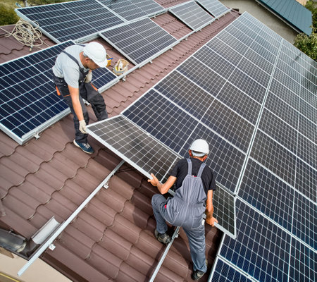 Men installers installing photovoltaic solar moduls on roof of house. Engineers in helmets building solar panel system outdoors. Concept of alternative and renewable energy. Aerial view.の写真素材