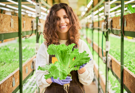 Joyful female gardener holding green leafy plant lettuce. Portrait of happy woman in garden gloves standing in aisle between shelves with seedlings in greenhouse.の写真素材