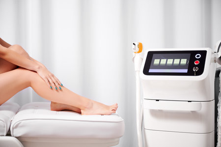 Cropped photo of beautiful female legs after laser hair removal procedure. On white background slender naked legs on couch next to laser hair removal machine. Aesthetic medicine concept.の写真素材