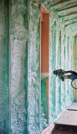 Builder insulating wooden frame house. Close up view of man worker spraying polyurethane foam inside of future cottage, using plural component gun. Construction and insulation concept.の写真素材