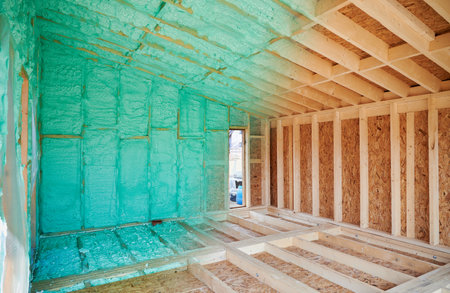 Photo collage before and after thermal insulation room in wooden frame house in Scandinavian style barnhouse. Comparison of walls sprayed by polyurethane foam. Construction and insulation concept.の写真素材