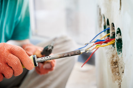 Close up of man in work gloves using electric repair solder welding tool while installing electrical cables in apartment under renovation. Male electrician working with electric heater soldering iron.の写真素材