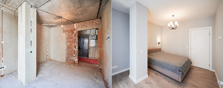 Comparison of apartment bedroom before and after refurbishment. Old room before restoration and new renovated room with bed and elegant interior design.の写真素材