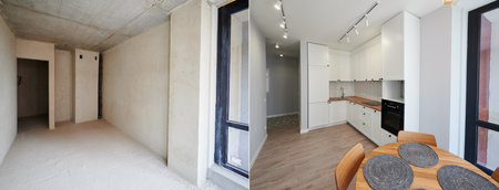 Modern apartment before and after restoration or refurbishment. Comparison of old kitchen room and new place with parquet floor, table, kitchen counter, stove and white walls. Home renovation concept.の写真素材