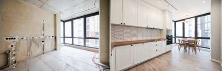 Comparison of old room before restoration and new renovated kitchen with large panoramic window, parquet floor and kitchen furniture. Photo collage of modern apartment before and after renovation.の写真素材