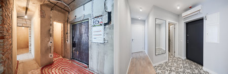 Comparison of old flat with underfloor heating pipes and new renovated apartment with modern interior design. Hallway with heated floor before and after renovation.の写真素材