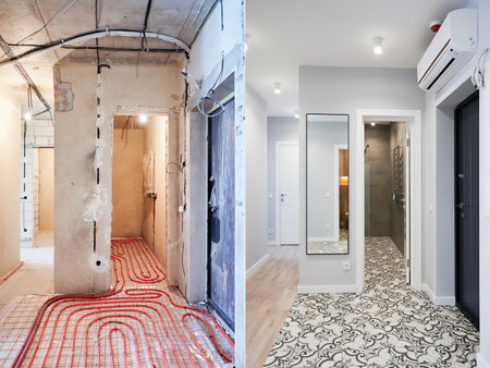 Old apartment with brick walls and new renovated flat with doors, mirror, air conditioner and stylish design in white tones. Inferior of apartment before and after renovation.の写真素材