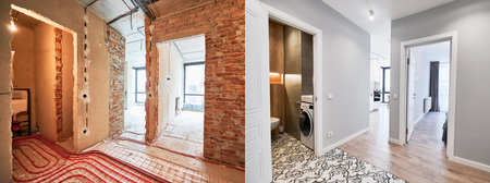 Comparison of old apartment before restoration and new renovated flat with modern interior design. Apartment with underfloor heating pipes and washing machine in bathroom before and after renovation.の写真素材