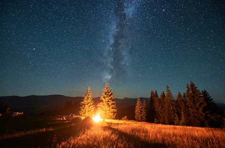 Night camping in mountains under starry sky. Tourist tents in campsite under beautiful sky full of stars with Milky way. Silhouette of hikers having a rest near burning campfire. Concept of tourism.の写真素材