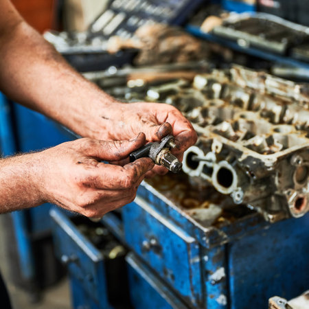 Close up of strong worker holding instrument, equipment by dirty hands. Hardworking male wearing uniform, working in garage, workshop, servicing center. Concept of manual labor.の写真素材