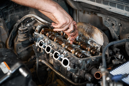 Close up of mechanic repairing car engine, working in garage, workshop, auto servicing center. Worker, repairman holding screwdriver. Concept of fixing car.の写真素材