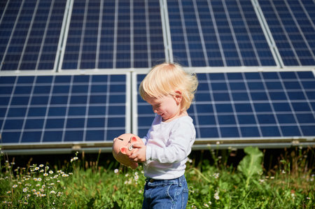 Little child saving money in piggy bank. Smiling kid happy that he has some cash in his moneybox. Boy learning about saving money for future. Concept of saving money, investment in renewable energy.の写真素材