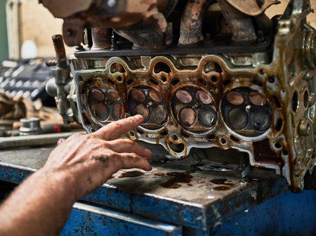 Close up of repairman, mechanic working in garage, workshop. Hardworking man with dirty hands, pointing, using equipment, instrument. Concept of manual labor.の写真素材