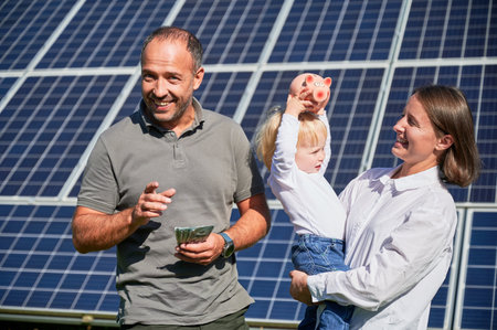 Modern family investing into their son. Man, his wife and little son joy about money they saved by buying solar panels. Concept of saving money, investment in renewable energy.の写真素材