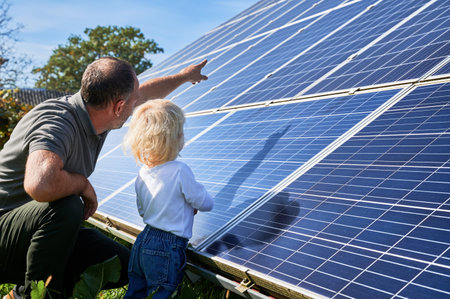 Man showing his small child the solar panels during sunny day. Father presenting to son modern energy resource. Back view of father and his kid watching on solar panelsの写真素材