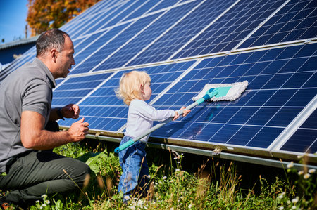 Father showing his little son the solar panels during sunny day. Cute boy helping his dad to clean solar battery. Young man teaching his small kid how to care about their source of energy.の写真素材