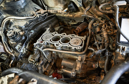 Close up of car being serviced in auto station, center. Repairmen, mechanics, workers servicing, maintaining car, fixing, repairing problem. Concept of repairing automobiles.の写真素材