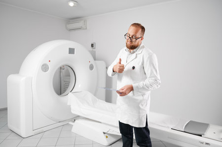 Portrait of doctor with medical computed tomography or MRI scanner. Radiologist holding results of MRI, showing thumbs up gesture. Concept of medicine, healthcare and modern diagnostics.の写真素材