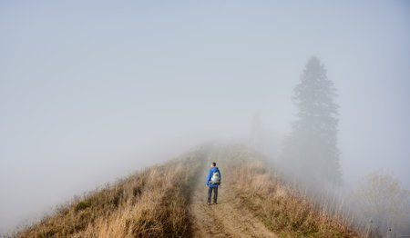 Man hiker strolling down hiking path on grassy hill with misty trees and sky in fog on backgroundの写真素材