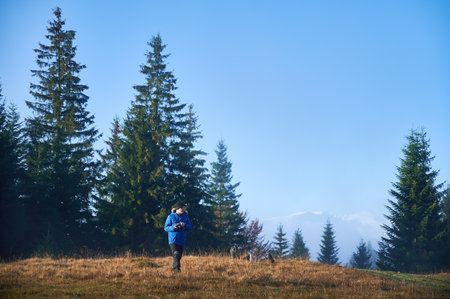 Picturesque landscape of mountain valley with coniferous trees and man traveler with cameraの写真素材