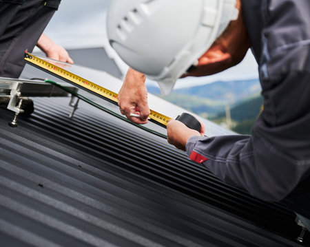 Back view of competent technician making measurements for exact calculations. Adjusting PV solar panel on a roof. Engineer in helmet making calculations of solar cell with a measuring tape.の写真素材