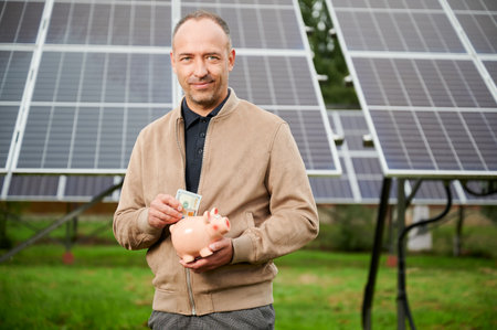 Investing in alternative energy innovations. Professional investor making investment in ecological resources. Young male in casual clothes holding piggy bank and smiling to camera.の写真素材