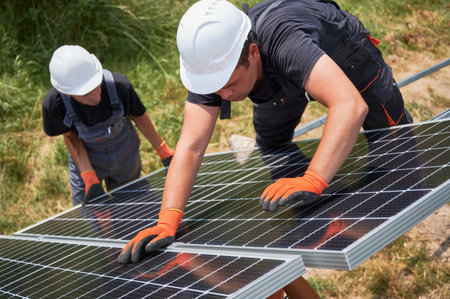 Male workers mounting photovoltaic solar panel system outdoors. Men engineers placing solar module on metal rails, wearing construction helmets and work gloves. Renewable and ecological energy.の写真素材