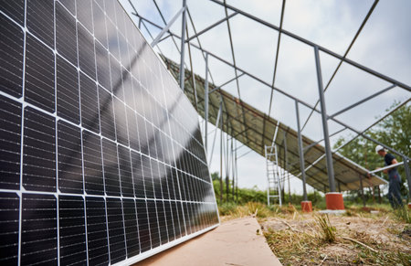 Set of solar panels near not finished solar energy system in field. Worker installing solar panels on background. Concept of renewable and ecological energy. Idea of environment safeの写真素材