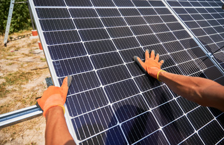 Close up of man solar technician mounting solar modules for generating electricity through photovoltaic effect. Male hands in work gloves assembling photovoltaic solar panels.の写真素材