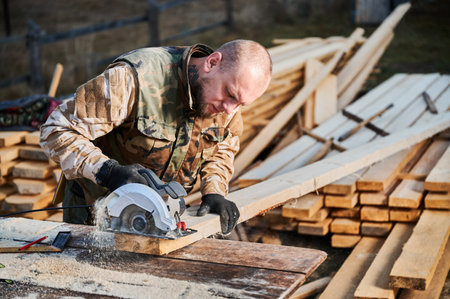 Carpenter using circular saw for cutting wood beam. Man worker building wooden frame house. Carpentry concept.の写真素材