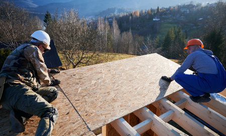 Carpenters mounting wooden OSB panel on rooftop of future cottage. Men workers building wooden frame house. Carpentry and construction concept.の写真素材