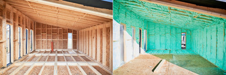 Photo collage before and after thermal insulation room in wooden frame house in Scandinavian style barn house. Comparison of walls sprayed by polyurethane foam. Construction and insulation concept.の写真素材