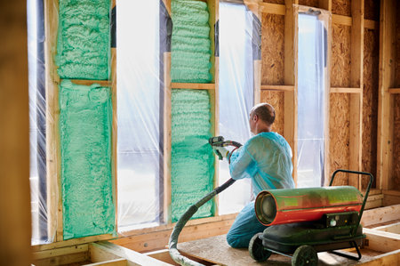 Male builder insulating wooden frame house. Man worker spraying polyurethane foam inside of future cottage, using plural component gun. Construction and insulation concept.の写真素材